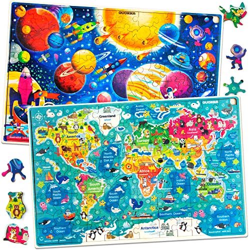 Puzzle ab 4 5 6 Jahre - 2 x 100 Teile Kinder Holz Steckpuzzle für Lernen Weltkarte Weltraum Planeten - Geschenk Kinderspielzeug für Mädchen and Junge 7 8 von Quokka