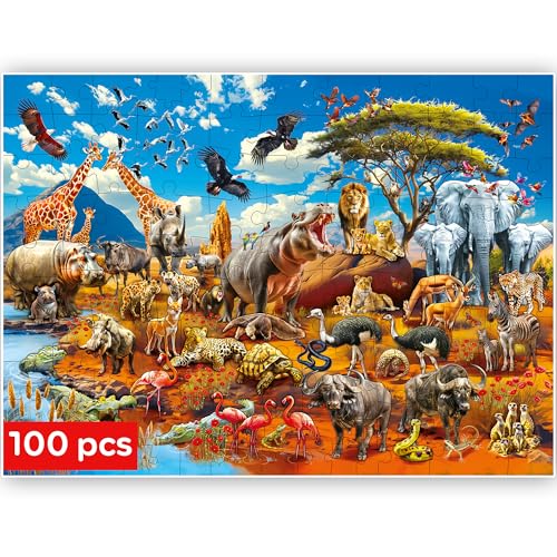 QUOKKA 100 Teile Puzzles für Kinder im Alter von 4–6 Jahren – Boden-Kinderpuzzles im Alter von 6–8 Jahren – Spielzeug zum Lernen von Afrika-Tieren für 8–10 Jahre – Puzzle-Spiel für Jungen und Mädchen von Quokka