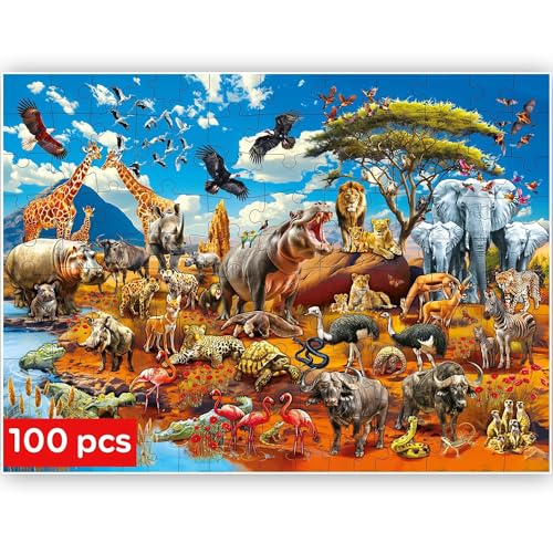 QUOKKA Puzzle 100 Teile Kinder - Solo Puzzle ab 4 5 6 Jahre Für Mädchen und Jungen - Spielzeug zum Lernen von Afrika Tiere - Spiele Geschenk für Mädchen und Jungen 7 8 9 von Quokka