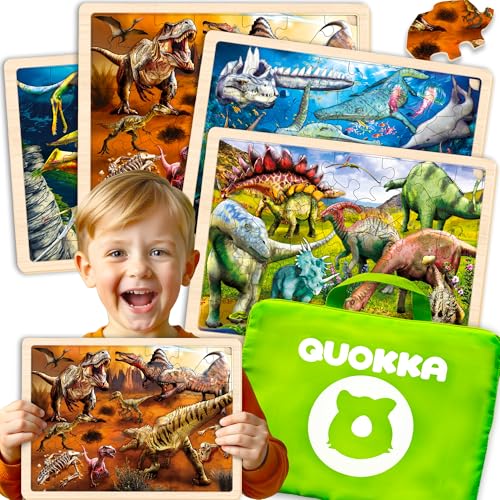 QUOKKA Spielzeug Puzzle ab 3 4 5 Jahre - 4x36 Holzpuzzle Spiele für Kinder - Geschenk Kinderspielzeug für Mädchen and Junge ab 6 7 mit Realistischen Dinosauriern von Quokka