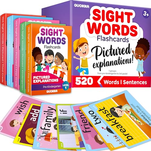 QUOKKA 520 Sight Words Flash Cards with Images & Sentences - Based on Dolch Sight Words Lists for Reading Fluency I Kindergarten Flash Cards for Pre-K to 3rd Grade I Color-Coded Vocabulary Cards von Quokka