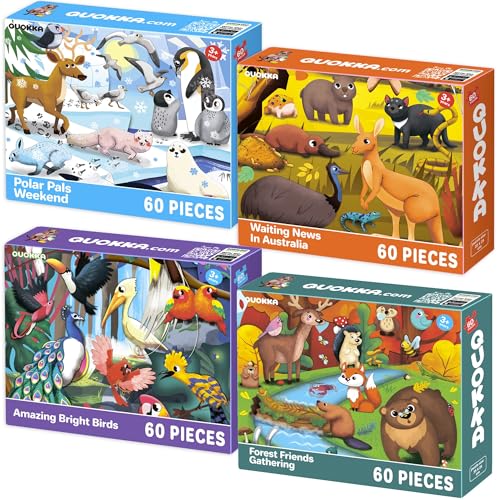 QUOKKA Puzzle ab 4 5 6 Jahre - 4x60 Teile Rahmenpuzzle Spiele für Jungen und Mädchen - Vertikale Bunte Puzzle mit Vögel, Polar, Waldtiere - Geschenk Spielzeug für Kinder 3 7 Jahre von Quokka