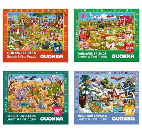 QUOKKA Puzzles for Kids Ages 4-6 – 4-Pack 60-Piece Search & Find Kids Puzzles Ages 5-8 I Educational Learning Toys Desert, Mountains, Pets and Farm von Quokka