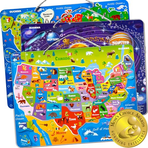 QUOKKA Magnetic Toddler Puzzles Ages 3-5 - 3 Educational Travel Games Puzzles for Kids Ages 4-6 - Space, USA and World Map Learning Toys for Boy and Girl 2-4 Learn United States von Quokka