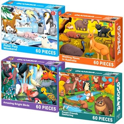 QUOKKA Puzzle ab 4 5 6 Jahre - 4x60 Teile Rahmenpuzzle Spiele für Jungen und Mädchen - Bunte Puzzle mit Vogel Wald und Polartiere - Geschenk Spielzeug für Kinder 3 7 Jahre von Quokka