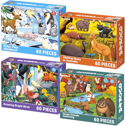 QUOKKA Puzzle ab 4 5 6 Jahre - 4x60 Teile Rahmenpuzzle Spiele für Jungen und Mädchen - Vertikale Bunte Puzzle mit Vögel, Polar, Waldtiere - Geschenk Spielzeug für Kinder 3 7 Jahre von Quokka