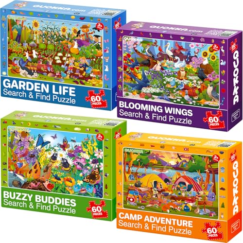 QUOKKA Puzzles für Kinder 4-6 Jahren - 4er-Pack 60-teilige Puzzles für Kinder I Suchen & Finden Kinderpuzzles 5-8 Jahren I Lernspielzeug Vögel, Camping, Garten und Käfer - FSC Zertifiziert von Quokka