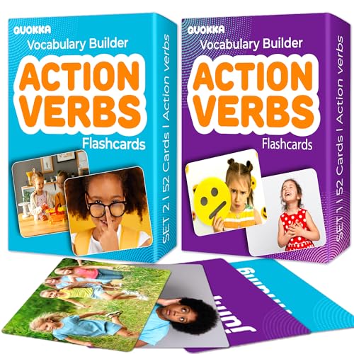 QUOKKA Set of 2 Learning Flash Cards 2x52 - Action Verbs - Vocabulary Builder - 5 Groups: from Pre-Kindergarten to 3rd Grade - Words&Sentences von Quokka