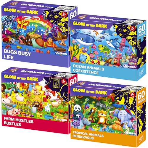 QUOKKA Set of 4x60 Pieces Glow Puzzles for Kids Ages 4-6 - Glow Jigsaw Puzzles for Toddlers 3-5 - Ocean Tropical Farm Animals & Bugs for Children 6-8 yo - Gift Educational Game for Boys & Girls von Quokka