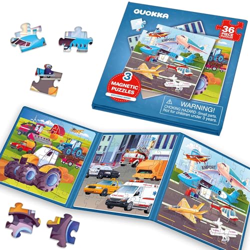 QUOKKA Magnetische Reisepuzzles für Kleinkinder ab 2 3 Jahre – 36 teiliges Transport-Spiel mit Extralangem Spielbuch – Lustiges Reisespielzeug für Kinder ab 3 5 – Starke Magnet für Aktivitäten im Auto von Quokka