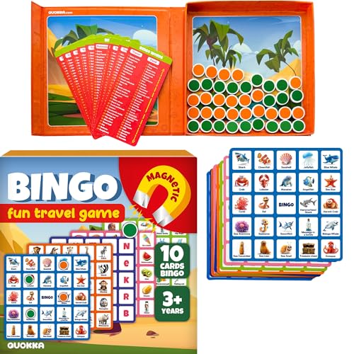 Quokka Bingo Spiel für Kinder - Reisespiele ab 3-6 Jahre - Mini Magnetspiel für Autofahrt Kinder ab 3 4 5 Jahre - 40 Magnetischen Chips - 10 Bingo Karten mit Wörtern - Lustige Aktivitäten im Auto von Quokka