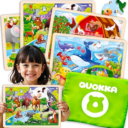 QUOKKA Kinderspielzeug Puzzle ab 3 4 5 Jahre - 4x24 Montessori Holzpuzzle Spiele ab 3 Jahre - Lernspiele Puzzle ab 5 - Geschenk Spielzeug für Mädchen and Junge ab 6 7 mit Afrikanischen Ozeantieren von Quokka