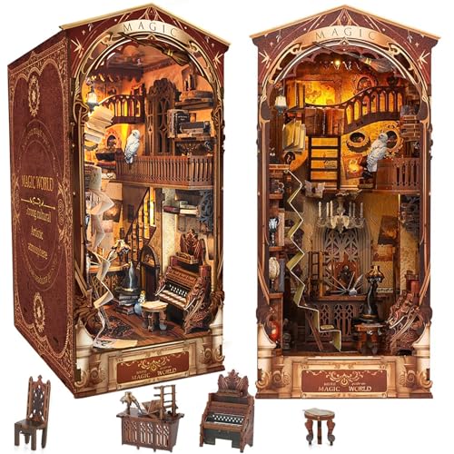 Magische Welt DIY Book Nook Kit mit Staubschutzhülle und Sensor LED-Licht, 3D Holzpuzzle Puppenhäuser Miniatur Haus Kit, Buch Ecke Dekoration Holz Puzzle Buchstützen für Erwachsene ab 14+ Geburtstag von Qurxuanwe