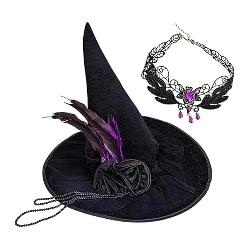 Qurygin Hexenhüte für Damen, Halloween-Hut, Cosplay, Hexenhut, Spitzenhut, Feder, Rose, Zaubererhut, Partyhüte mit Edelstein-Halskette für Karneval, Cosplay und Maskerade von Qurygin