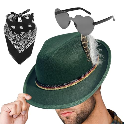 Qurygin Oktoberfest Hüte | 1 Set Kunstleder Fedora Oktoberfest Hut mit Kopftuch, Brille - Oktoberfest Kostüm Zubehör Erwachsene Deutscher Alpin Bayerischer Hut für Erwachsene von Qurygin