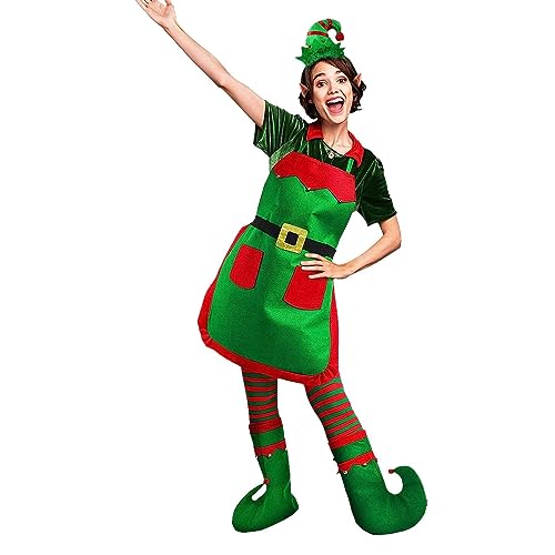 Elfen-Outfit für Frauen,Plüschmütze und rot grün gestreifter Weihnachtself | Lustige Outfits für Erwachsene mit Küchen-Kochschürzen für Weihnachten, Halloween, Neujahr, Weihnachtselfen-Zubehör Quzente von Quzente