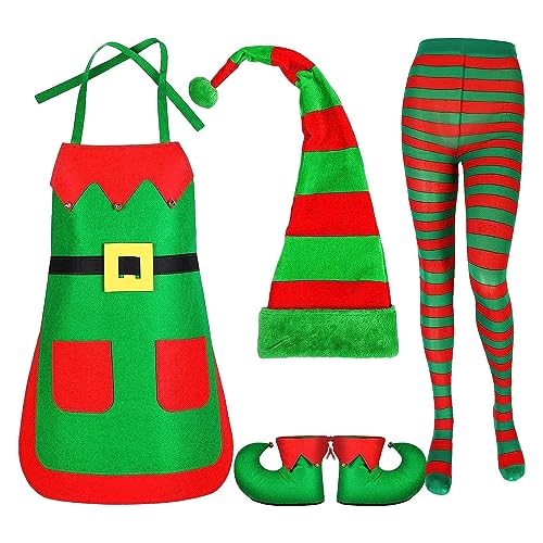 Quzente Elfenkostüm für Erwachsene | Rot-grün gestreifter Weihnachtself mit Plüschmütze,Weihnachtsmützen und Küchen-Kochschürzen für Party-Rollenspiele, Weihnachtsoutfit für Frauen und Erwachsene von Quzente