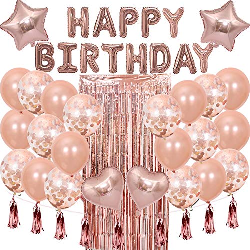 Qweradr 28 StüCk Rose Gold Geburtstag Dekoration Set Buchstaben Happy Birthday Ballon Geburtstag Feier Dekor Kinder Quaste Pailletten Ballon von Qweradr