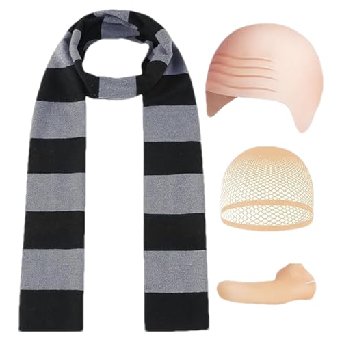 Qyljeiwred Halloween-Kostüm-Set für Herren, Cosplay-Kostüm, Party-Kopfbedeckung, 4-teiliges Party-Set, kahle Perücke, Hut, falsche Nase, gestreifter Schal, Erwachsenengröße, Zubehör Qyljeiwred Halloween-Kostüm-Set für Herren, Cosplay-Kostüm, Party-Kopfbedeckung, 4-teiliges Party-Set, kahle Perücke, Hut, falsche Nase, gestreifter Schal, Erwachsenengröße, Zubehör von Qyljeiwred