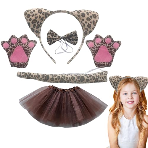 Qyljeiwred Leoparden-Katzenohren-Stirnband, Halloween-Kostüm, mit Krallen, Tutu, Tiere, Cosplay-Set, Fliege, Stirnband, Cosplay-Kostüm für Mädchen im Alter von 3–14 Jahren von Qyljeiwred