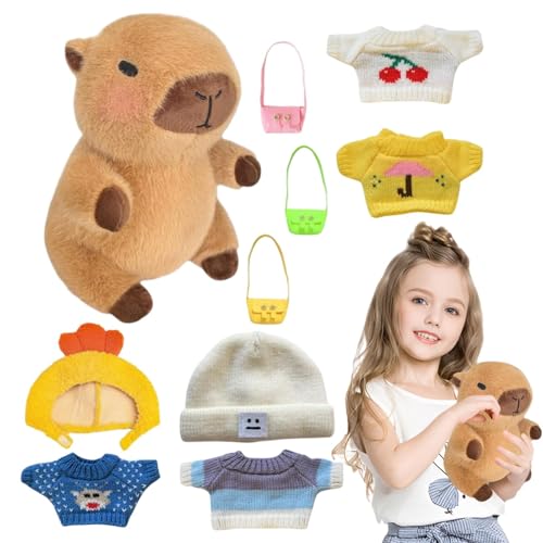 Qzdtue Capybara Plushy Set with Clothes, Plush Animal Companion, Tiny Clothes Hat Bags Capybara, Capybara Doll Outfits, Toddler Capybara Plush, Kids Capybara Plush, Capybara Plush for Boys Girls von Qzdtue