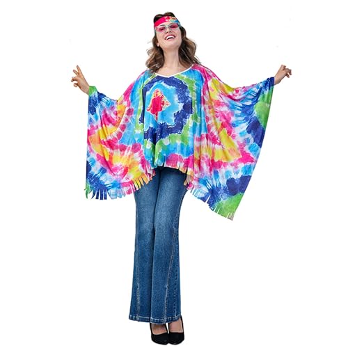 Damen 70er Jahre Hippie Outfit - 70er Jahre-Outfits Hippie Kostüm Set Faschingskostüme Poncho Outfit Flower Kleidung Accessoires Karnevalskostüm Mit Zubehör Für Karneval Fasching Disco Party Cosplay von Qzeanxy