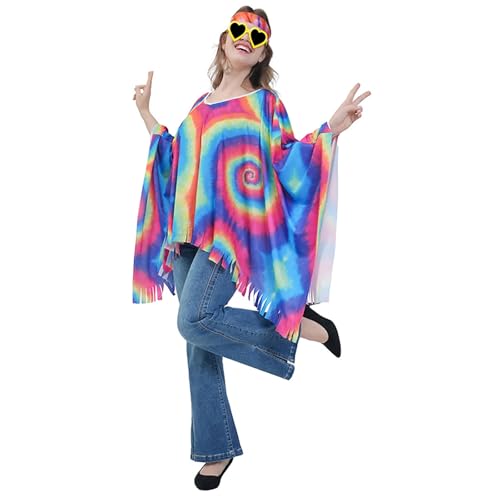 Damen 70er Jahre Hippie Outfit - Faschingskostüme Poncho Outfit Flower Kleidung Accessoires Karnevalskostüm 70er Jahre-Outfits Hippie Kostüm Set Mit Zubehör Für Karneval Fasching Disco Party Cosplay von Qzeanxy