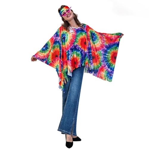 Damen 70er Jahre Hippie Outfit - Faschingskostüme Poncho Outfit Mit Zubehör Für Karneval Fasching Disco Party Cosplay Flower Kleidung Accessoires Karnevalskostüm 70er Jahre-Outfits Hippie Kostüm Set von Qzeanxy