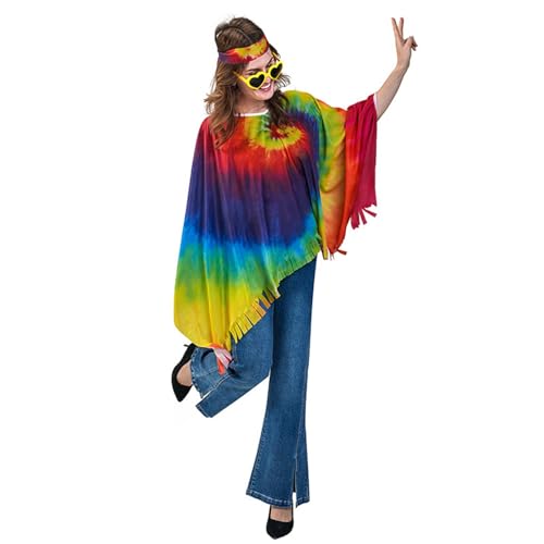 Damen 70er Jahre Hippie Outfit - Flower Kleidung Accessoires Karnevalskostüm 70er Jahre-Outfits Hippie Kostüm Set Mit Zubehör Für Karneval Fasching Disco Party Cosplay Faschingskostüme Poncho Outfit von Qzeanxy