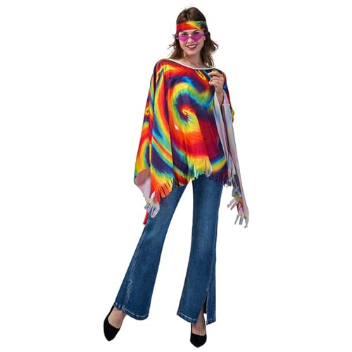 Damen 70er Jahre Hippie Outfit - Mit Zubehör Für Karneval Fasching Disco Party Cosplay Faschingskostüme Poncho Outfit Flower Kleidung Accessoires Karnevalskostüm 70er Jahre-Outfits Hippie Kostüm Set von Qzeanxy