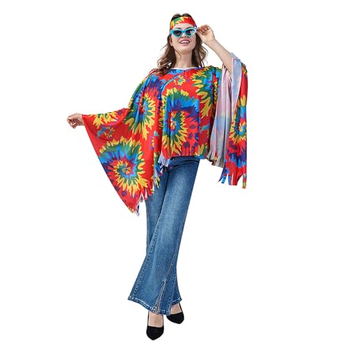 Damen Kostüm Hippie Kleidung - 70er Jahre-Outfits Hippie Kostüm Set Faschingskostüme Poncho Outfit Mit Zubehör Für Karneval Fasching Disco Party Cosplay Flower Kleidung Accessoires Karnevalskostüm von Qzeanxy