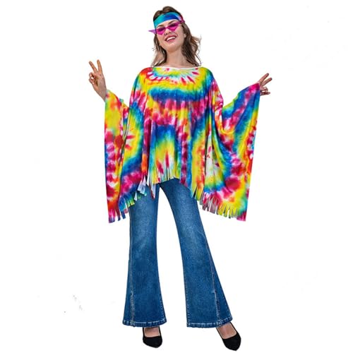 Damen Kostüm Hippie Kleidung - 70er Jahre-Outfits Hippie Kostüm Set Mit Zubehör Für Karneval Fasching Disco Party Cosplay Faschingskostüme Poncho Outfit Flower Kleidung Accessoires Karnevalskostüm von Qzeanxy