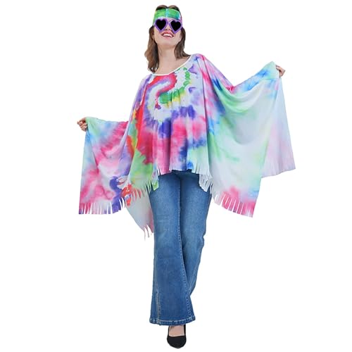 Damen Kostüm Hippie Kleidung - Faschingskostüme Poncho Outfit Mit Zubehör Für Karneval Fasching Disco Party Cosplay Flower Kleidung Accessoires Karnevalskostüm 70er Jahre-Outfits Hippie Kostüm Set von Qzeanxy