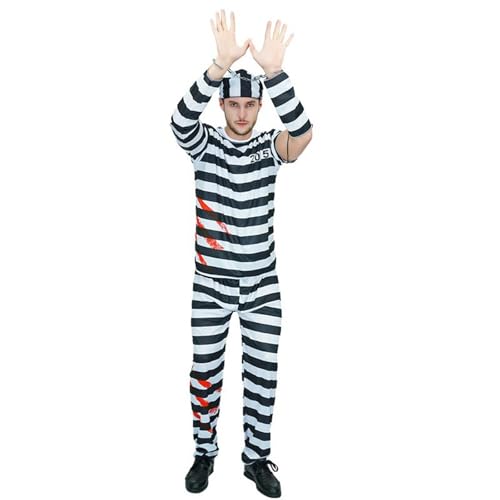 Halloween Sträfling Kostüm Herren Damen - Räuber Dieb Unisex Häftling Outfit Mit Zubehör Gefangener Faschingskostüme Für Erwachsene Schwarz Weiß Sträflingskostüm Gefängnis Dress-Up Karneval Cosplay von Qzeanxy