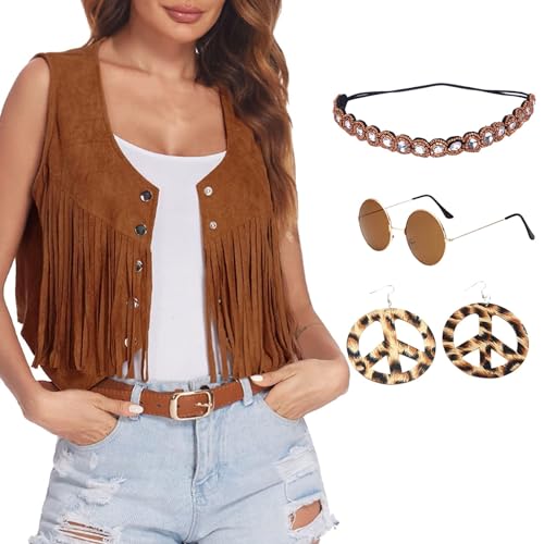 Qzeanxy Cowgirl Outfit Damen Hippie Faschingskostüme Für Karneval Hippie Kostüm Weste Set Hippie Kleidung Zubehör Bolero Vintage Rosa 60er 70er Bekleidung 70er Outfit Disco Braun Fransenweste von Qzeanxy