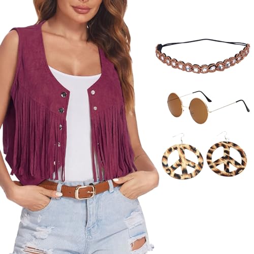 Qzeanxy Festival Accessoires Damen Hippie Faschingskostüme Für Karneval Zubehör Bolero Vintage Rosa 60er 70er Bekleidung Hippie Kostüm Weste Set Hippie Kleidung 70er Outfit Disco Braun Fransenweste von Qzeanxy