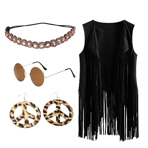 Qzeanxy Festival Outfit Damen Fransenweste Schlaghose 70er Hippie Accessoires 60er 70er Jahre Hippie Kostüm Set Mit Disco Outfit Faschingskostüm Hippie Kleidung Kostüm 70er Jahre Bekleidung von Qzeanxy