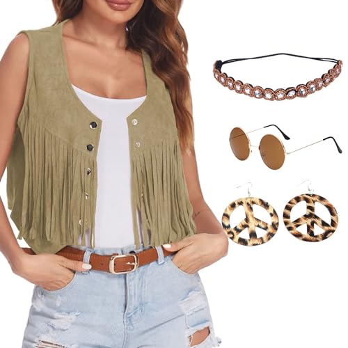 Qzeanxy Hippie Kostüm Damen Disco Outfit Faschingskostüm 60er 70er Jahre Hippie Kostüm Set Mit Fransenweste Schlaghose 70er Hippie Accessoires Hippie Kleidung Kostüm 70er Jahre Bekleidung von Qzeanxy