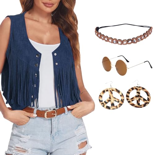 Qzeanxy Hippie Kostüm Damen Disco Outfit Faschingskostüm 60er 70er Jahre Hippie Kostüm Set Mit Fransenweste Schlaghose 70er Hippie Accessoires Hippie Kleidung Kostüm 70er Jahre Bekleidung von Qzeanxy