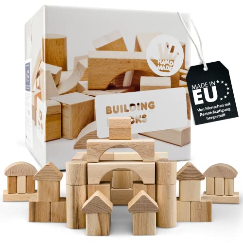 R.u.M. Toys Holzbausteine 50 Teile - 100% natürliche BAU Klötze - handgefertigte Bauklötze aus europäischem Buchenholz - Premium Holzspielzeug - nachhaltige Bauklötze Holz von R.u.M. Toys