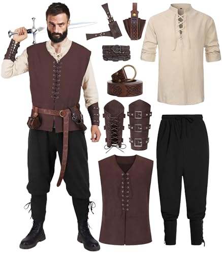 Renaissance-Kostüm für Herren, mittelalterliches Wikinger-Kostüm, Piratenweste, Hemd, Hose, Renn Fest, Halloween-Kostüme, Bogenschütze, Cosplay, Outfit-Set mit Gürteltasche, RA069-3XL von RAAIBB