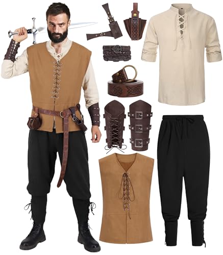 Renaissance-Kostüm für Herren, mittelalterliches Wikinger-Kostüm, Piratenweste, Hemd, Hose, Renn Fest, Halloween-Kostüme, Bogenschütze, Cosplay, Outfit-Set mit Gürteltasche, RA070-3XL von RAAIBB