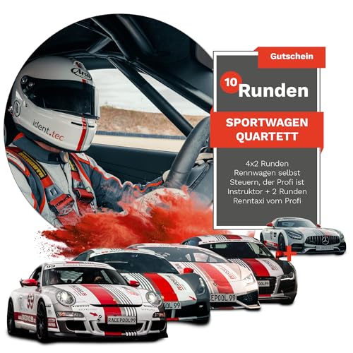 Racepool99® Erlebnis Gutschein – 4x2 Runden selber Fahren in 4 Sportwagen + 2 Runden Renntaxi auf Rennstrecke Lausitzring/Geschenke für Autoliebhaber/Geschenk für Männer & Frauen von RACEPOOL99 Steve Mizera