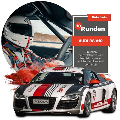 Racepool99 Erlebnis Gutschein - 8 Runden selber Fahren + 2 Runden Renntaxi kompatibel mit Audi R8 auf Rennstrecke Oschersleben/Geschenke für Autoliebhaber/Geschenk für Männer & Frauen von RACEPOOL99 Steve Mizera