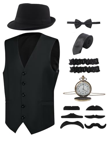 RAINDEWLL 1920er-Jahre-Kostüm, brüllende 20er-Jahre-Kostüme für Herren, Gatsby-Outfit, Gangster-Weste, Fedora-Hut, schwarz, Größe XXL von RAINDEWLL