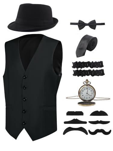 RAINDEWLL 1920er-Jahre-Kostüm, brüllende 20er-Jahre-Kostüme für Herren, Gatsby-Outfit, Gangsterweste, Fedora-Hut, Schwarz, Größe XL von RAINDEWLL