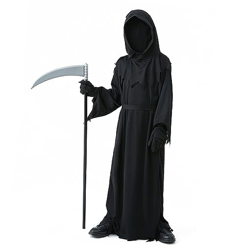 RAISEVERN Halloween Kinder Grim Reaper Sensenmann Kostüm Jungen Gruselig Schwarzes Gewand Mädchen Cosplay Set Fasching Party, 8-10 Jahre von RAISEVERN