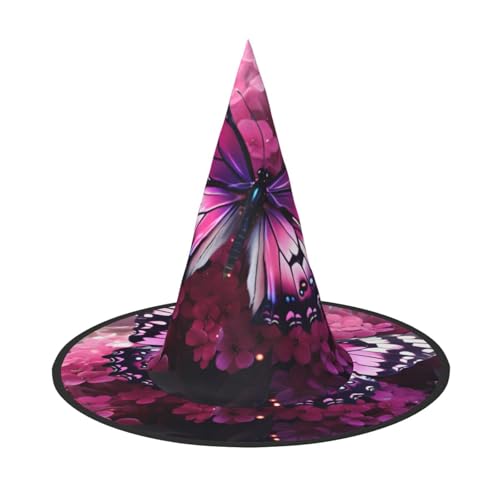 RAIZHE Spooktacular Halloween-Hexenhut mit rosa Blume, violetter Schmetterling, 1 Stück, Premium-Kostüm-Zubehör für Partys, Karneval, Rollenspiele, Halloween von RAIZHE