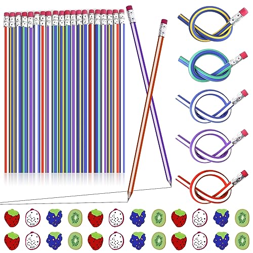 RAKUTE Biegebleistifte mit Radiergummi Fruchtmuster als Mitgebsel für Kinder Detektiv Kindergeburtstag Gastgeschenk 25 Zauberstift & 24 Radiergummi mit Fruchtmuster für Kinder Weihnachten Geschenk von RAKUTE