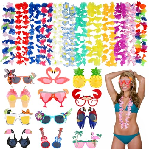 RANJIMA 24 Stück Hawaii Party Dekoration Set, 12 Stück Luau-Partybrille und 12 Stück Hawaii-Girlanden, Hawaii Kette Blumen Girlanden, Bonbonfarbene Sonnenbrillen, für Hawaiian Party Strand Dekoration von RANJIMA